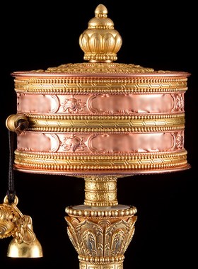 西藏家用红铜黄铜手摇转轮底座雕刻八吉祥大小号转筒双轴承摆件