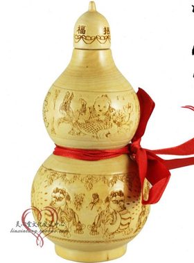 雕刻 开口 桃木葫芦 14cm  招财进宝 桌面 客厅 前台公司商铺摆件