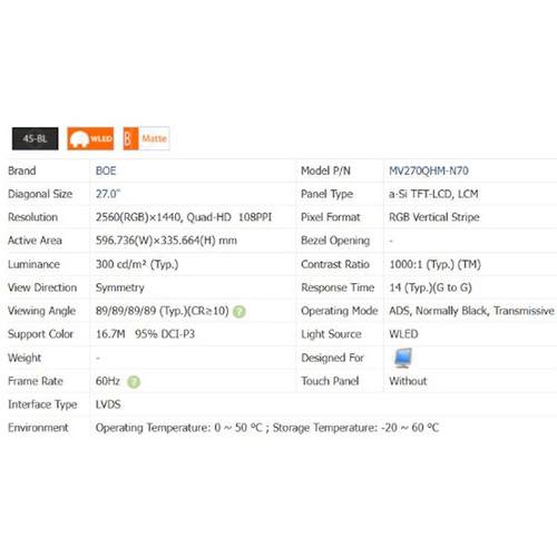 27寸BOE2K液晶屏MV270QHM-N40/MV270QHM-N61/N70MV270QHB-N50 - 图2