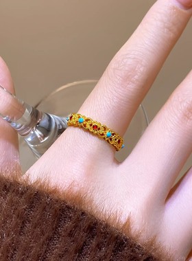 古法沙金珐琅彩开口戒指女轻奢