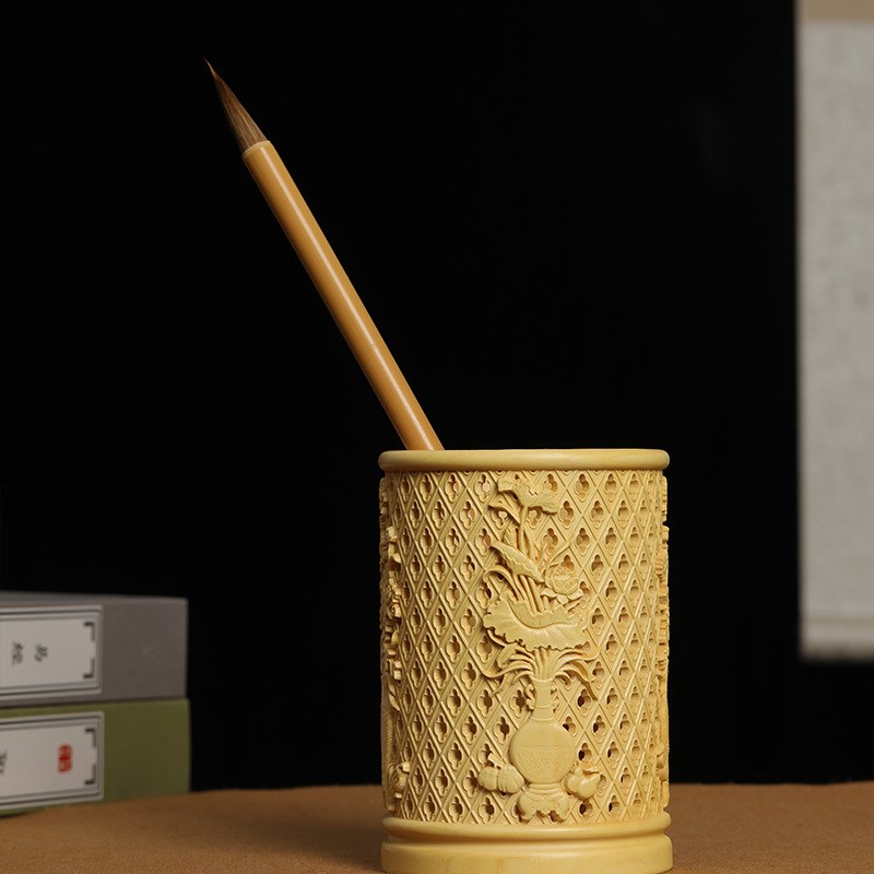 乐清黄杨木雕四季花梅兰竹菊镂空笔筒实木摆件装饰品创意桌面收纳 - 图2