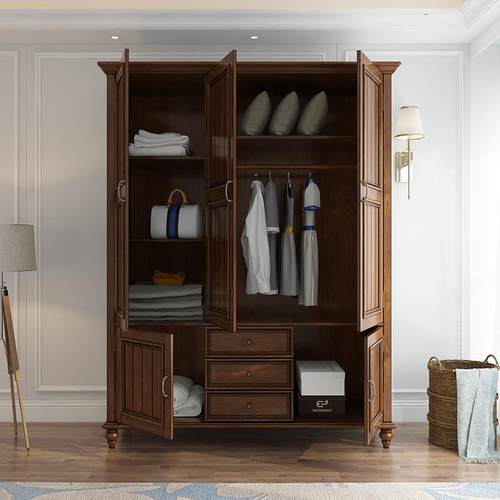 9W实木美式衣柜3门4门欧式大柜复古卧室家用定制顶柜对开门收纳 - 图2