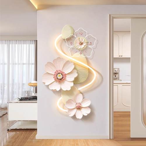 奶油风玄关装饰画入户创意花卉时钟壁灯画高级感走廊过道钟表挂画 - 图1