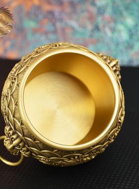 宏达黄全铜二雕龙戏珠铜缸家居玄双环龙纹浮关狮头龙纹缸摆件