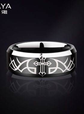 十字架戒指男钨金霸气个性单身戒简约食指尾戒男士素圈指环潮黑色