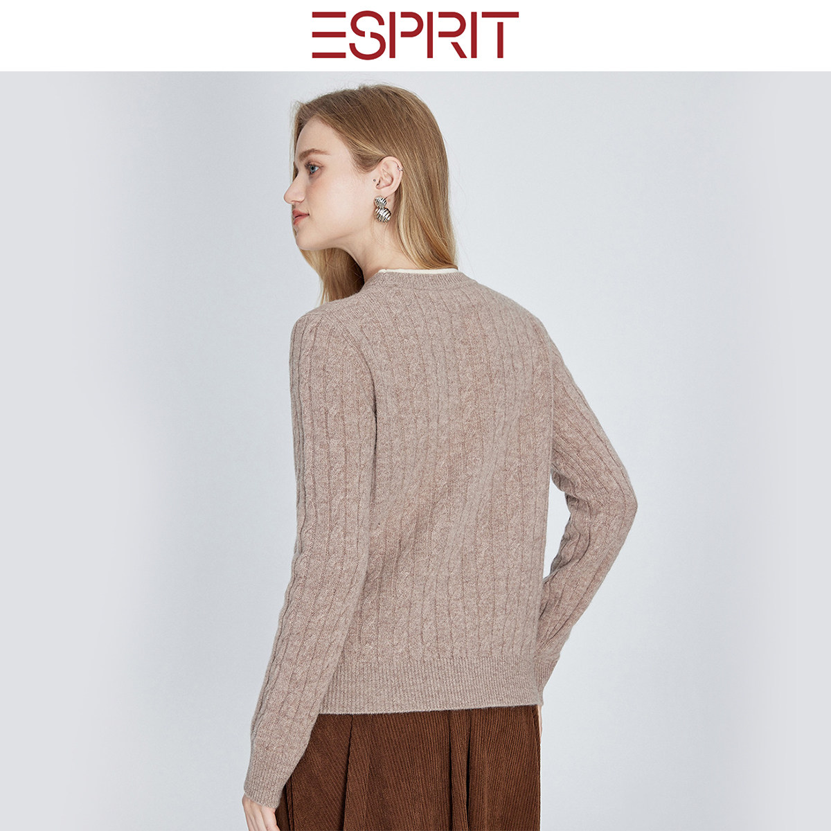 ESPRIT/埃斯普利特极简风圆领麻花绵羊毛衫女长袖针织毛衣打底衫,淘宝优惠券,粉丝福利购,淘宝优惠卷