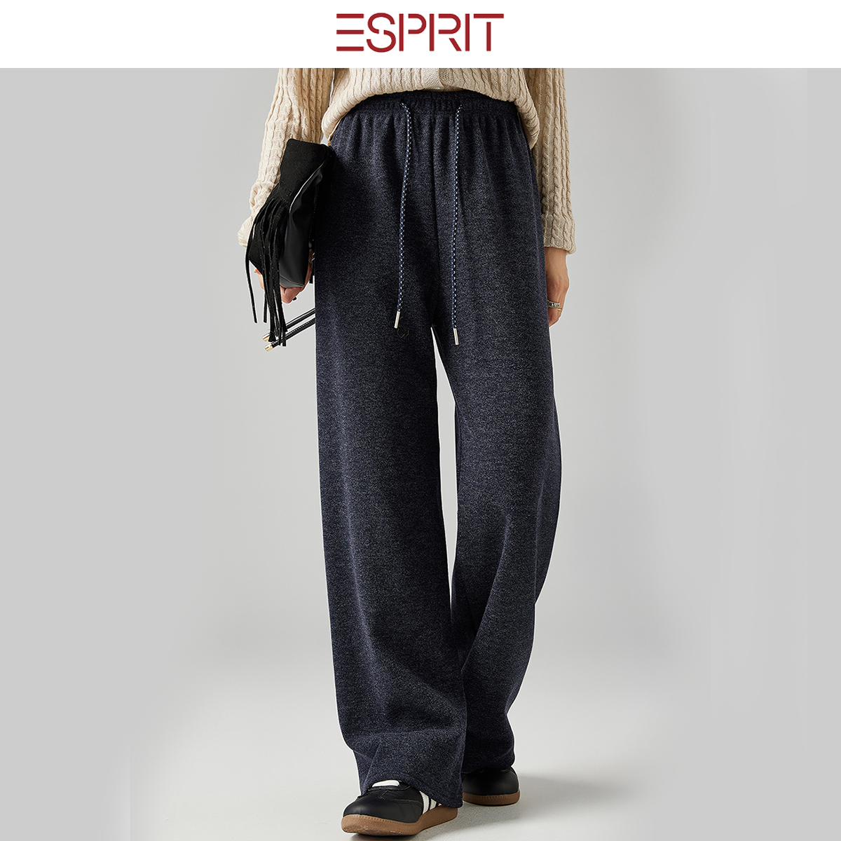 ESPRIT/埃斯普利特深灰色阔腿裤女宽松抽绳休闲裤慵懒极简风长裤 - 图1