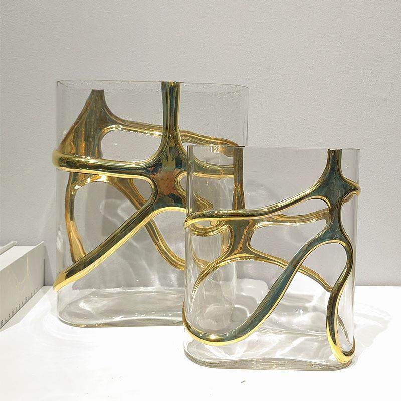 现代简约轻奢金色银色玻璃扁形流线花器花瓶样板房客厅软装饰品,淘宝优惠券,粉丝福利购,淘宝优惠卷