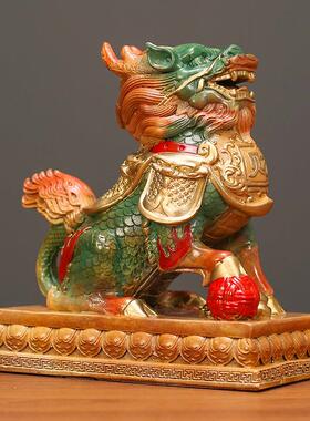 有底财福麒宝GBI麟黄铜麒一对踩元公福球瑞兽摆件客麟厅办室桌面