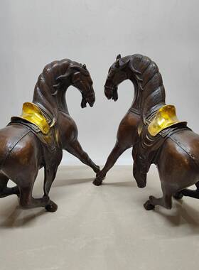 做旧铜生肖马站马一对摆设古玩收藏黄铜仿紫铜鎏金马摆件