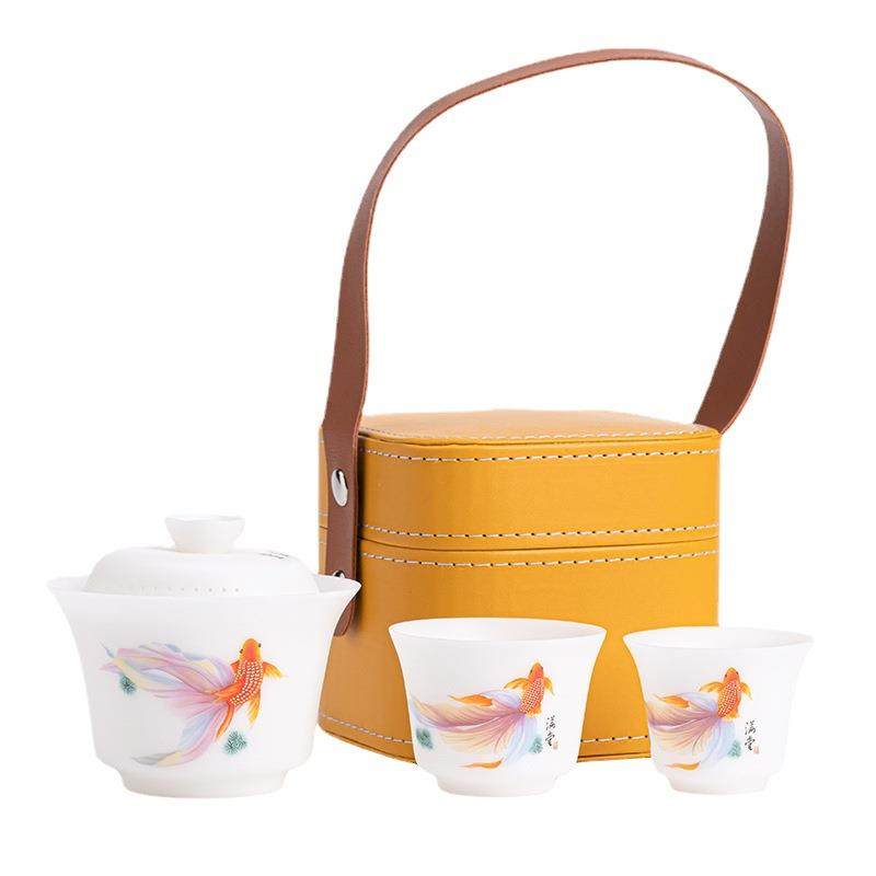 德化白瓷快客杯便携茶具套装一盖碗二杯随手包冰种旅行茶具,淘宝优惠券,粉丝福利购,淘宝优惠卷