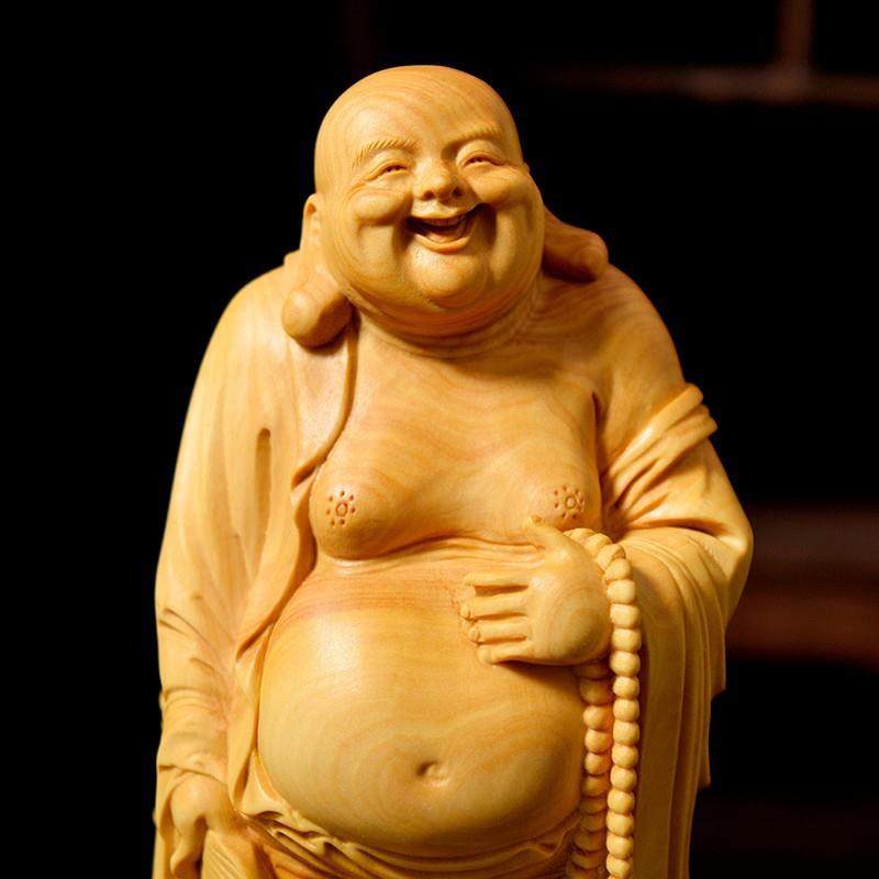 崖柏家居客厅像汽车装饰拿扇弥勒工艺品摆件笑开业送礼把件,淘宝优惠券,粉丝福利购,淘宝优惠卷