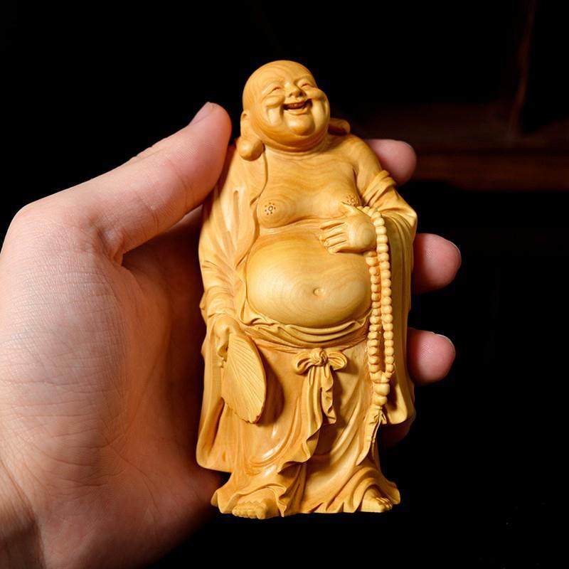 崖柏家居客厅像汽车装饰拿扇弥勒工艺品摆件笑开业送礼把件,淘宝优惠券,粉丝福利购,淘宝优惠卷