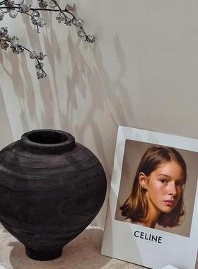 侘寂复古圆肚木纹花鲜花插花客厅桌饰摆瓶件轻装奢高ES-A6410餐级