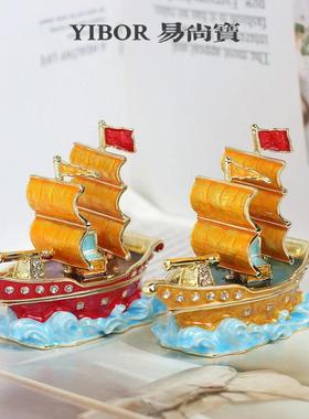 抖摆音百货金属珐JH3023琅首饰手盒礼品帆船客厅办桌面小摆件公桌