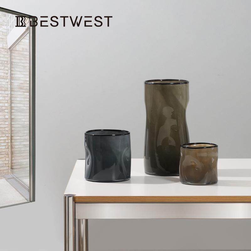 博西家居茶绿色直筒按坑玻璃花瓶现代简约轻奢高级感插干花摆件,淘宝优惠券,粉丝福利购,淘宝优惠卷