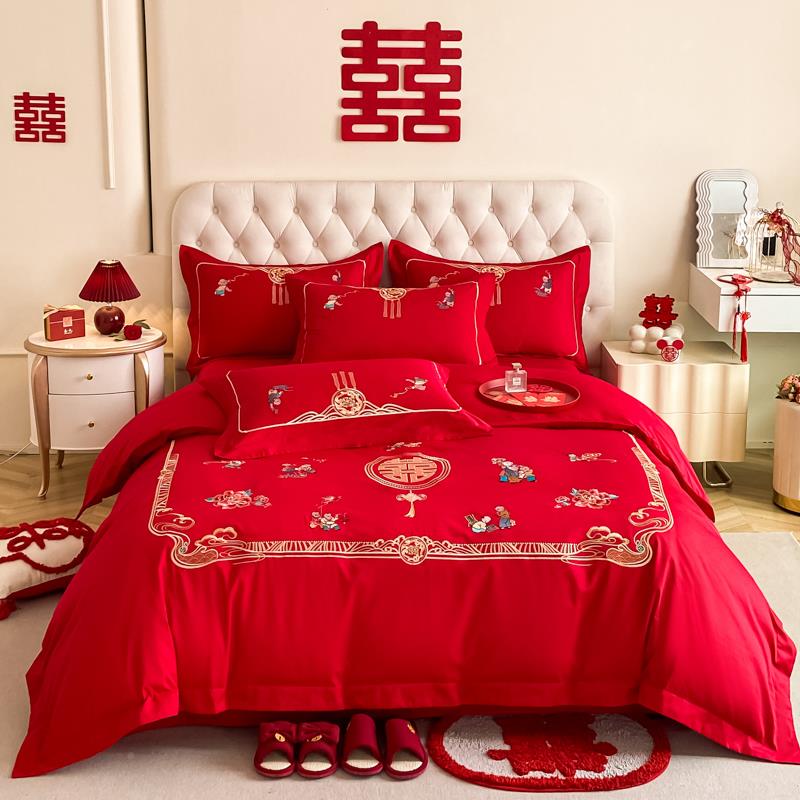 中式刺百子红图绣婚庆四件套大结婚被套床单床新婚喜被F78S67SJ床 - 图3
