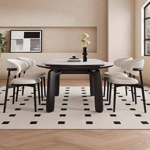 木舒中古折B1-001叠与实木岩风板餐桌奶油古黑色美式法式伸缩复可 - 图1