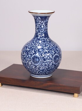 黑檀木新中式铜脚实木底座茶承花瓶铜摆件工艺品家居装饰木托定制