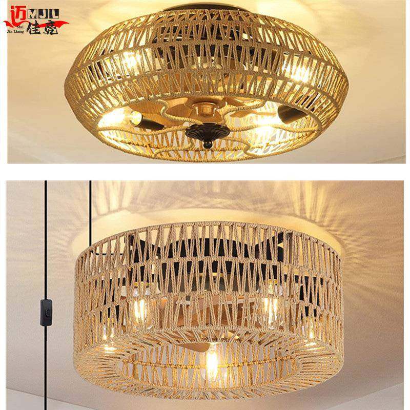 美式复古麻绳风扇灯农舍扇吸顶编织藤编圆式形卧宿无品牌/室餐厅,淘宝优惠券,粉丝福利购,淘宝优惠卷
