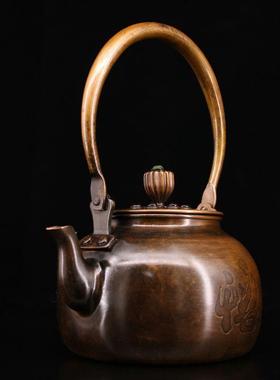 货收现藏工艺品紫铜摆件做打造镶嵌宝石复古家旧YX-10-24茶壶居摆