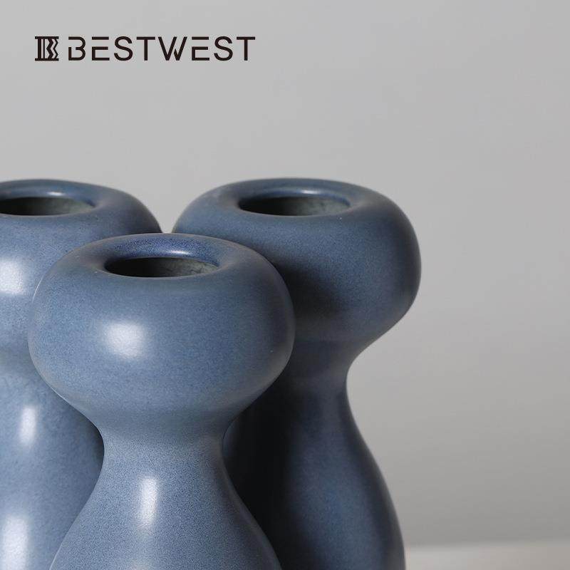 Bestwest密蓝色不规则法式陶瓷花瓶摆件轻奢家居高档艺术花器,淘宝优惠券,粉丝福利购,淘宝优惠卷