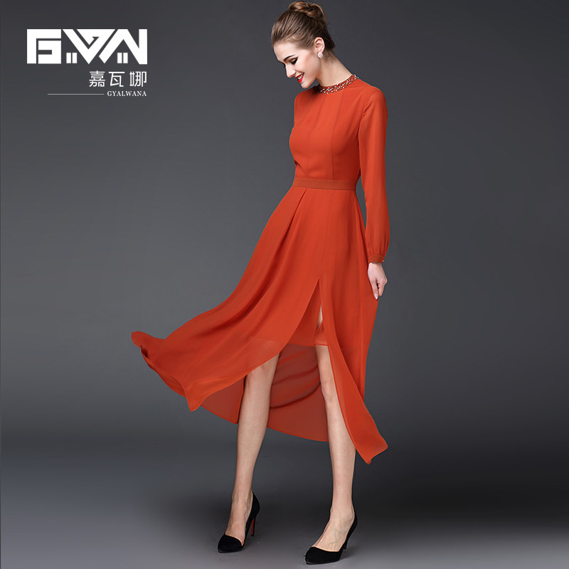 2022秋季新款长袖雪纺打底连衣裙女时尚橘红色开叉a字裙中长款,淘宝优惠券,粉丝福利购,淘宝优惠卷