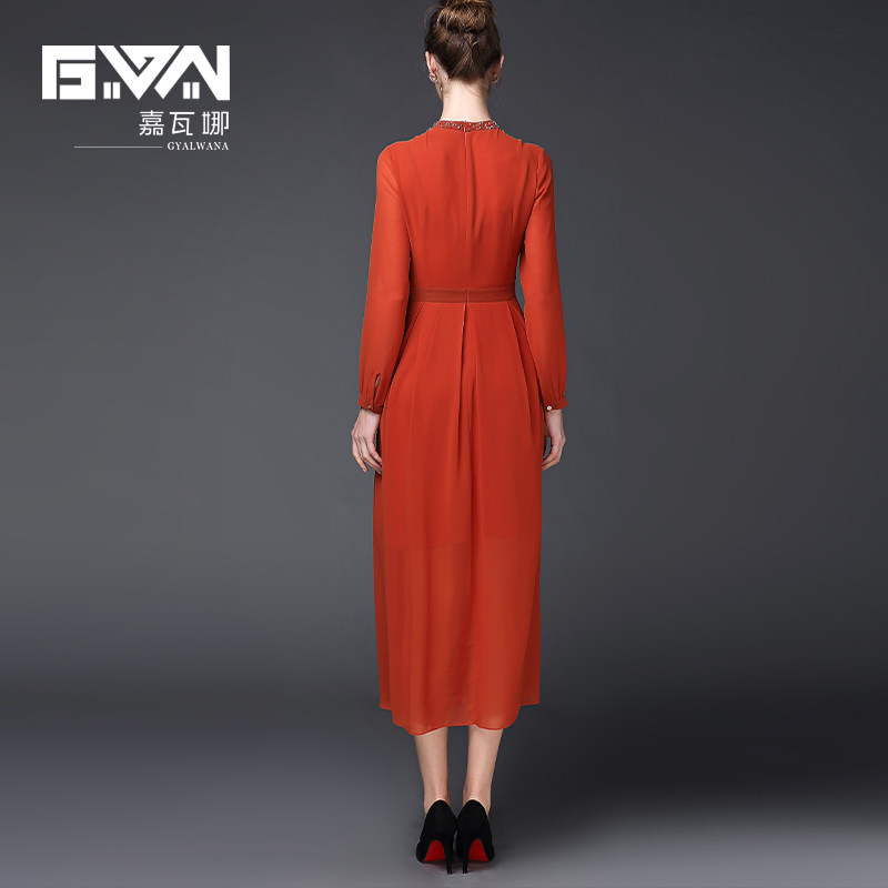 2022秋季新款长袖雪纺打底连衣裙女时尚橘红色开叉a字裙中长款,淘宝优惠券,粉丝福利购,淘宝优惠卷