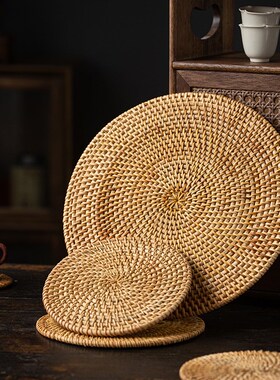 创意木质佛像工艺品藤编垫茶道防滑隔热垫茶壶茶宠摆件木底座