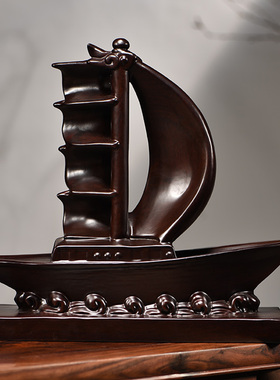 黑檀实木质一帆风顺帆船木头船摆件木质船雕刻客厅办公装饰工艺品