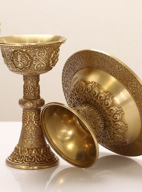 黄铜精工护法杯西藏家居供护法杯西藏式供水酒佛杯雕刻八吉祥图案