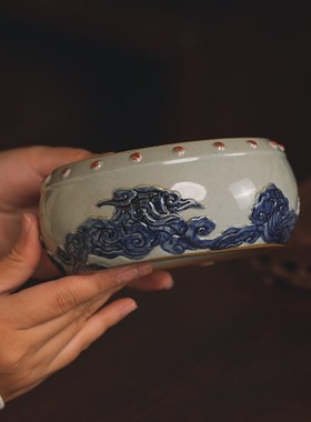 大号圆形壶承杯垫佛像底座祥云鼓陶瓷摆件客厅茶桌电视柜复古装饰