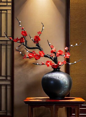 客厅禅意黑色家居陶瓷花瓶复古茶室陶瓷梅瓶新中式玄关插花花器