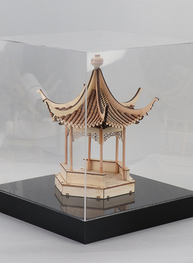 新中式亚克力罩古建筑凉亭摆件工艺品禅意样板房玄关书柜软装饰品