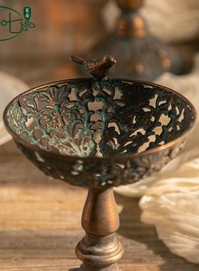仿古铜玄装饰摆铁艺高脚美件水关果托盘A2838式复古民宿装饰品鸟