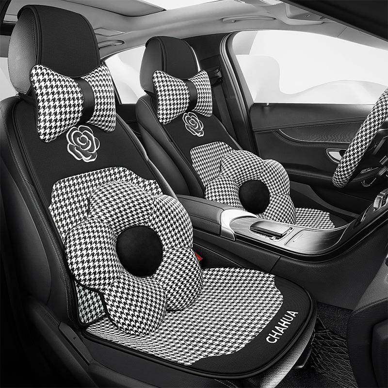 千鸟格花朵汽车座垫四季通用五座无包围小蛮腰卡通座椅垫防滑垫,淘宝优惠券,粉丝福利购,淘宝优惠卷