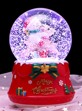 耶诞节发光水晶球耶诞木马雪人老人音乐盒玻璃球桌面摆件礼物女孩
