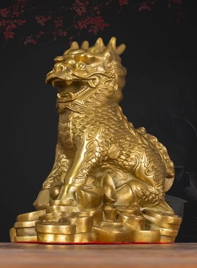 纯铜护宝麒麟摆件一对大小号铜麒麟客厅电视柜乔迁开业家居装饰品