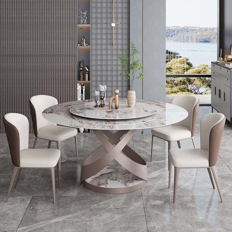 轻奢亮光岩板圆桌简约现代家用小户型餐桌椅带转盘6人8人饭桌圆形,淘宝优惠券,粉丝福利购,淘宝优惠卷