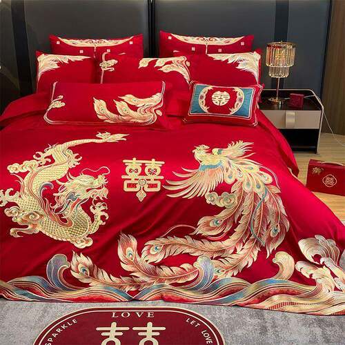 婚庆棉四件套大红龙凤刺绣新婚结婚喜庆套件婚嫁床上用品龙凤呈祥 - 图1