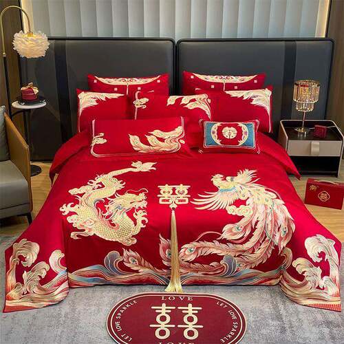 婚庆棉四件套大红龙凤刺绣新婚结婚喜庆套件婚嫁床上用品龙凤呈祥 - 图0