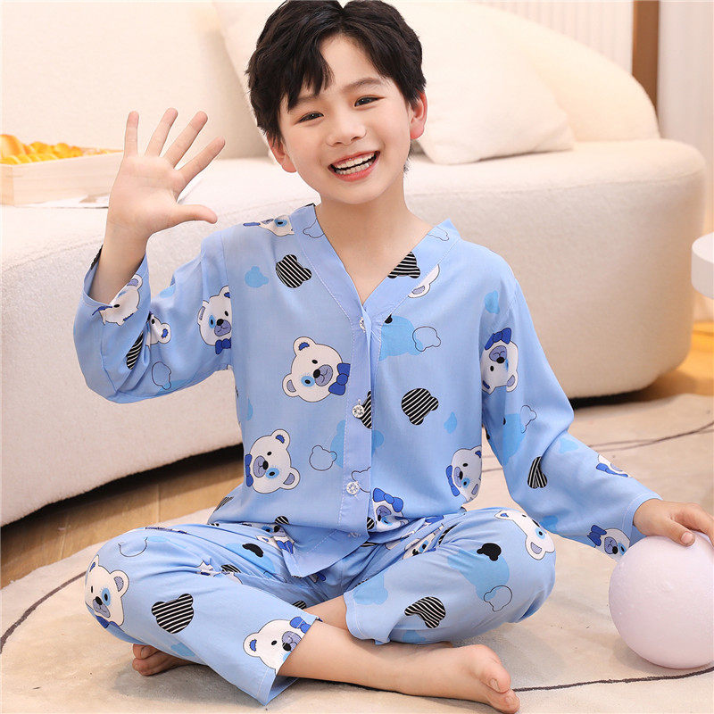 儿童睡衣男童春秋季长袖棉绸薄款卡通男孩中大童开衫家居服套装夏,淘宝优惠券,粉丝福利购,淘宝优惠卷