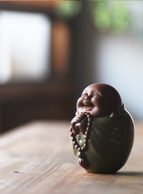 陶瓷紫砂家居装饰品迷你可爱小弥勒佛客厅书桌办公室摆件保平安