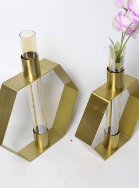 现代简金约属轻奢铁架玻花璃器干花插板花透明花六边形花瓶摆件客