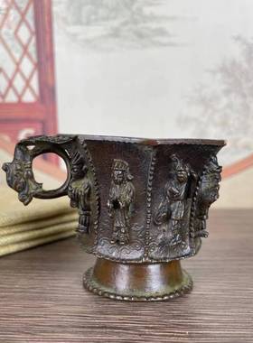 古玩古董老铜器收藏804唐董代乐人俑物纹八棱杯工打造收藏品古手