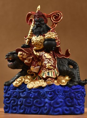 实木雕刻彩绘骑虎赵公明神像摆件新中式武财神家居客厅办公装饰品