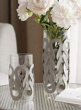 现饰花轻奢皮质编织纹直筒玻璃瓶客厅餐厅桌面装饰花器代OOC软装