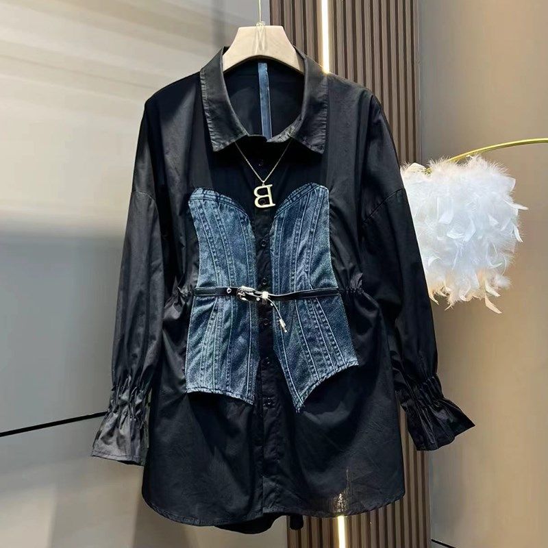 加大码女装翻领拼接牛仔衬衫胖妹妹2024新款黑色显瘦长袖百搭上衣,淘宝优惠券,粉丝福利购,淘宝优惠卷