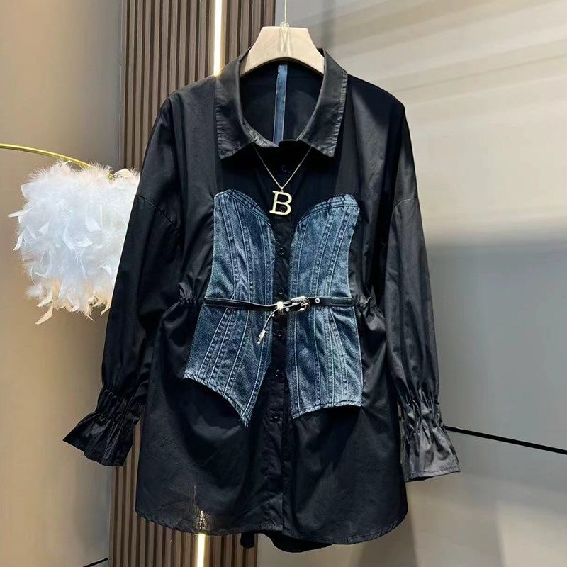 加大码女装翻领拼接牛仔衬衫胖妹妹2024新款黑色显瘦长袖百搭上衣,淘宝优惠券,粉丝福利购,淘宝优惠卷