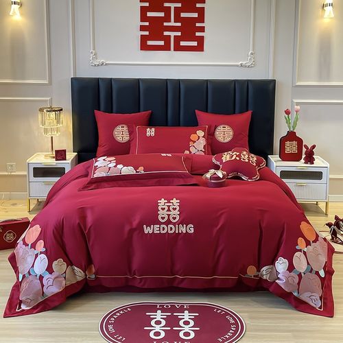 婚嫁结婚庆床品四件套大红粉色全棉纯棉陪嫁喜庆被套床单四季通用 - 图1